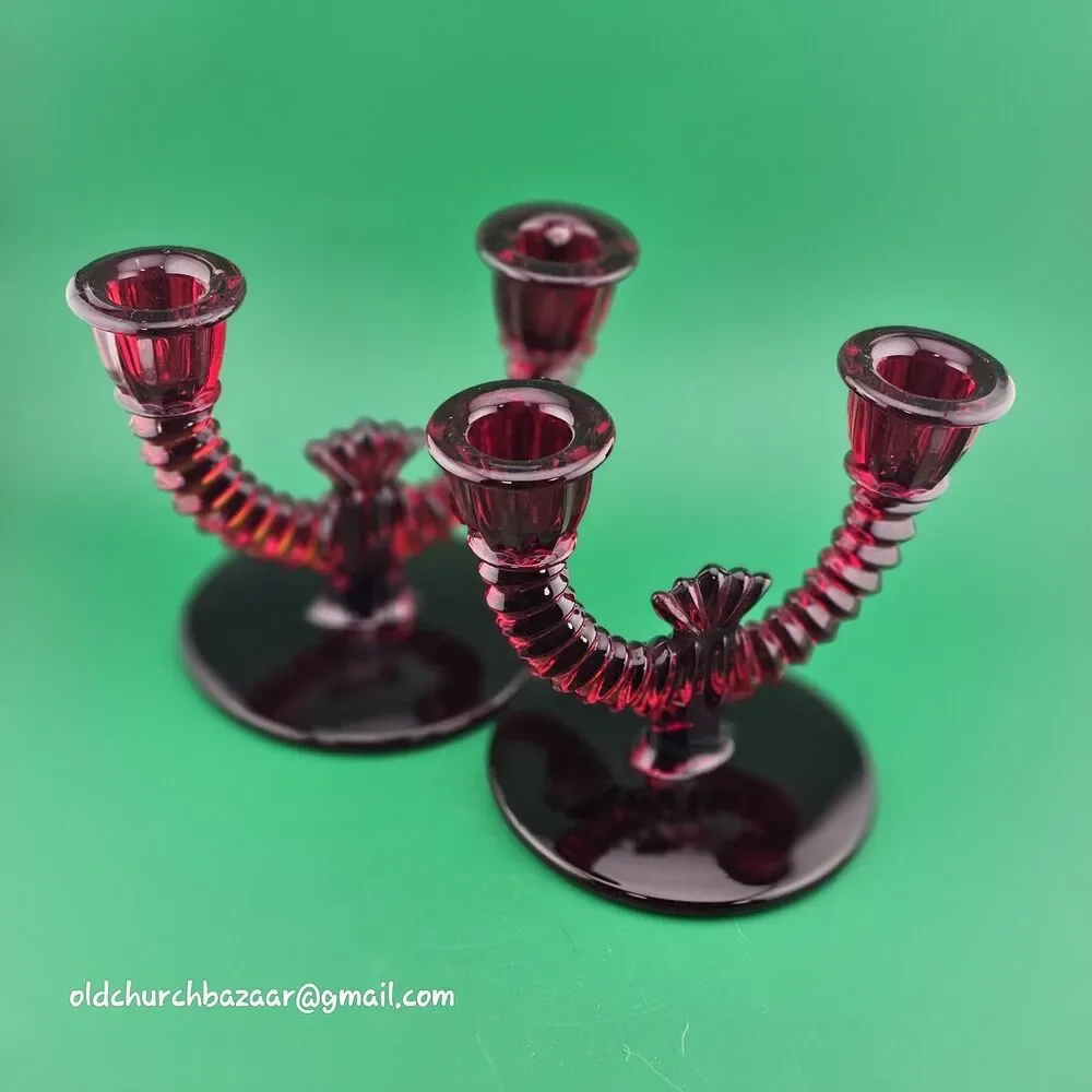Set of 2 Paden City Ruby Red Glass Crows Foot Round Double Candle Holders